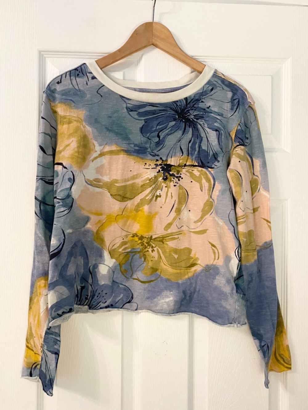 Maeve Floral Watercolor Long-Sleeve Top in Blue & Light Pink - Picture 3 of 6